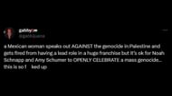 Netizens call out Hollywood for not firing Noah Schnapp or Amy Schumer but dropping Barrera for pro-Palestine posts. (Image via X/@gabbijuana)